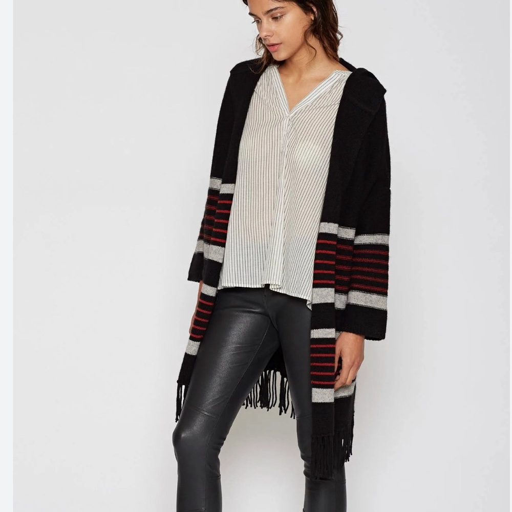 JOIE Gabrina Open Cardigan Lana Wool Black Red Stripes Fringe Relax Hoodie Sz M